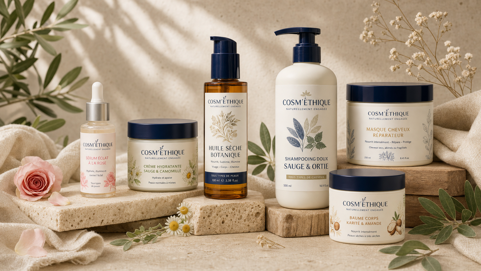 Produits Cosm’Éthique sur pierre naturelle avec fleurs séchées